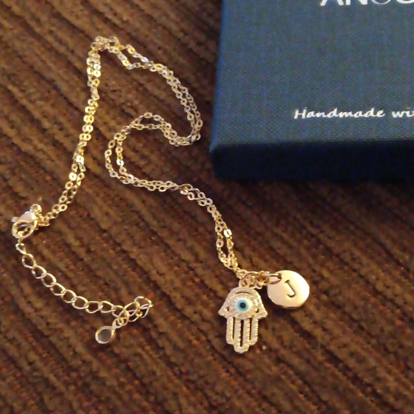 NWT Anoup Charm Neckace 👁 Letter J with Evil Eye & Hand in Gift Box - Picture 1 of 8
